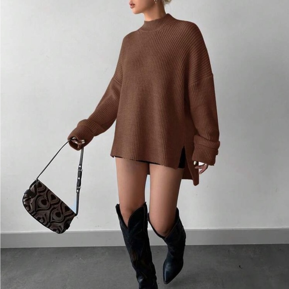 Cozy Mock High Neck Long Sleeve Slit Hi Low Hem Knit Sweater - Picture 1 of 13